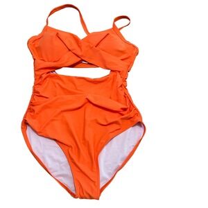 Women's Orange Cutout XL One Piece Swimsuit Ruched Wrap Front High Waist NEW